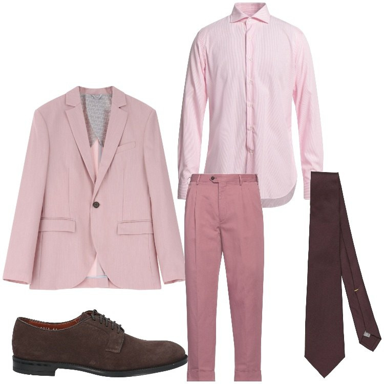 Outfit uomo - Rosa e marrone. Stile Business/Elegante per Ufficio. Abbinamento con camicie, pantaloni, cravatte, scarpe stringate, giacche.