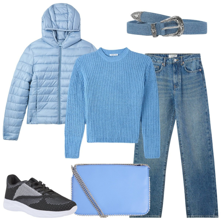 Outfit donna - Terranova New Collection PE25. Stile Basic per Tutti i giorni. Abbinamento con jeans dritti, borse a tracolla, cinture, maglieria, piumini, sneakers.