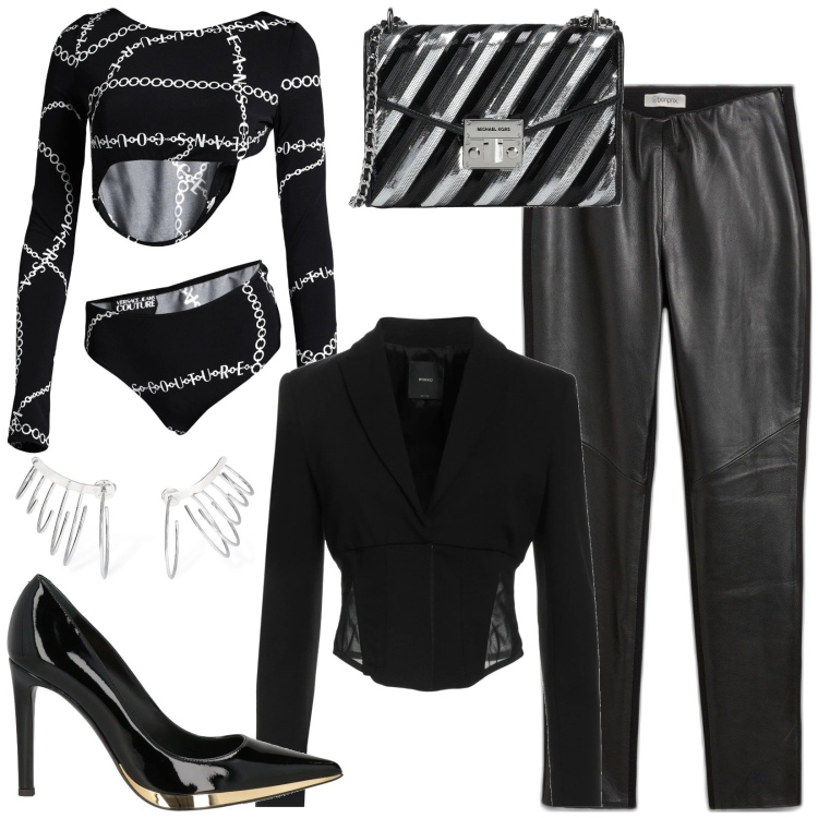 Outfit donna - Sexy. Stile Trendy per Serata fuori. Abbinamento con leggings, body, décolleté, borse a tracolla, blazer, orecchini.