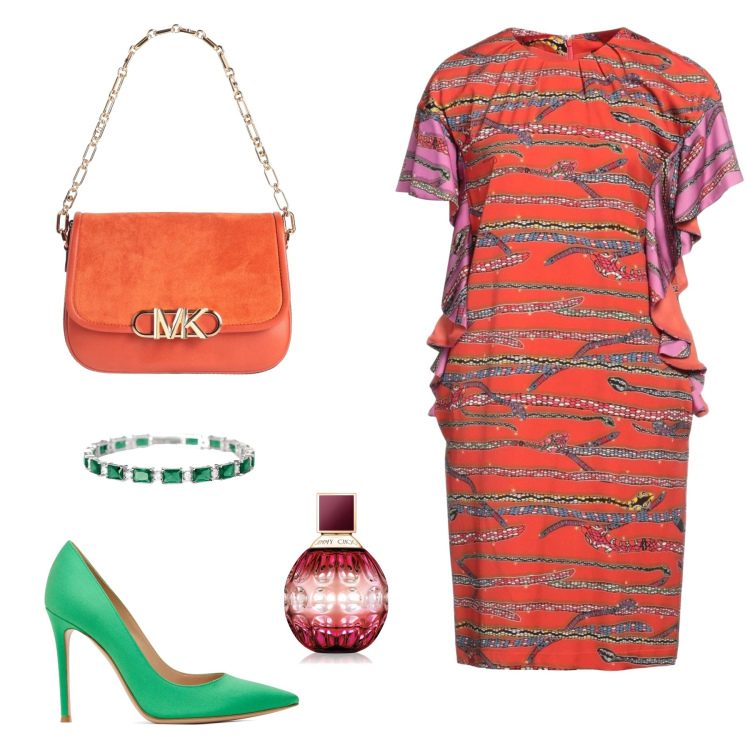 Outfit donna - Miss ruggine. Stile Casual chic per Serata fuori. Abbinamento con borse a mano, vestiti midi/longuette, profumi, braccialetti, décolleté.