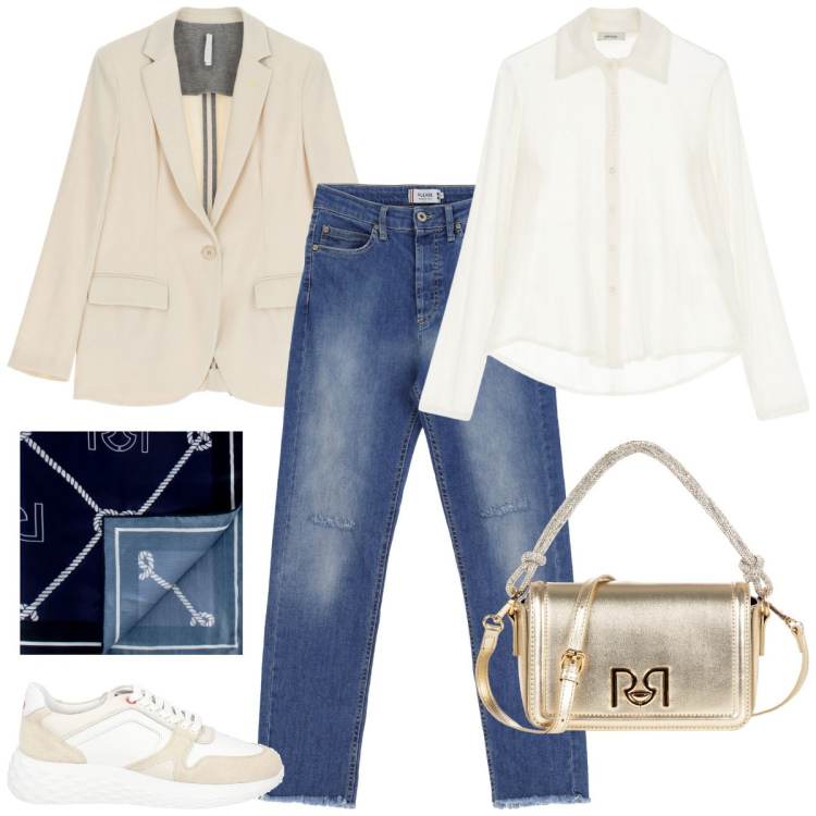 Outfit donna - Bantoa Spring Edit. Stile Mannish per Ufficio. Abbinamento con sneakers, blazer, camicie, foulard, borse a mano, jeans dritti.