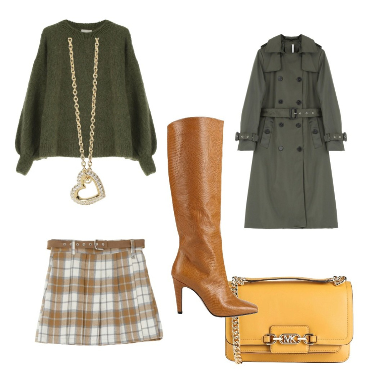 Outfit donna - Stivali fashion. Stile Casual per Tutti i giorni. Abbinamento con stivali, borse a spalla, trench, maglieria, minigonne, collane.