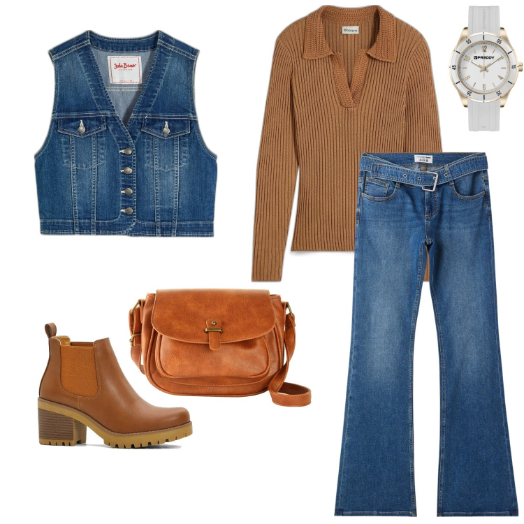 Outfit donna - Total look #2071429. Stile Boho per Tutti i giorni. Abbinamento con borse a tracolla, stivaletti chelsea, gilet, maglieria, jeans a zampa, orologi.