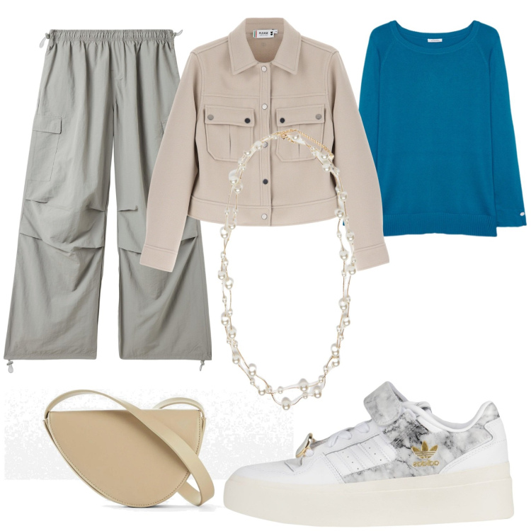 Outfit donna - Total look #2071431. Stile Trendy per Scuola/Università. Abbinamento con borse a tracolla, sneakers, pantaloni cargo, blazer, maglieria, collane.