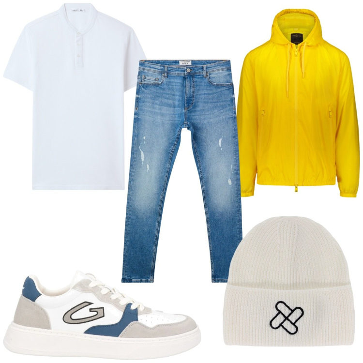 Outfit uomo - Total look #2071432. Stile Trendy per Tutti i giorni. Abbinamento con sneakers, t-shirt, jeans strappati, berretti, giacche.