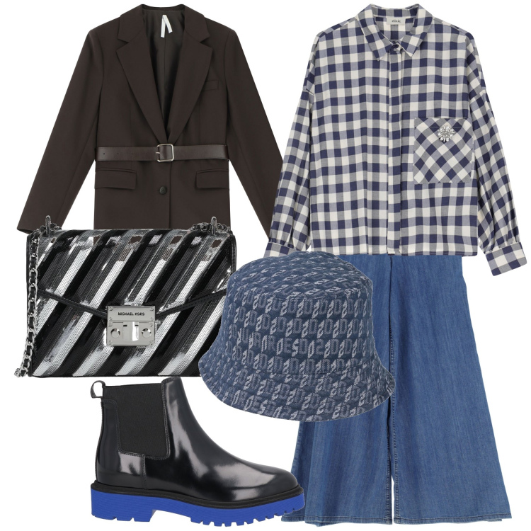 Outfit donna - Total look. Stile Trendy per Tutti i giorni. Abbinamento con borse a tracolla, stivaletti chelsea, cappelli, blazer, camicie, jeans.