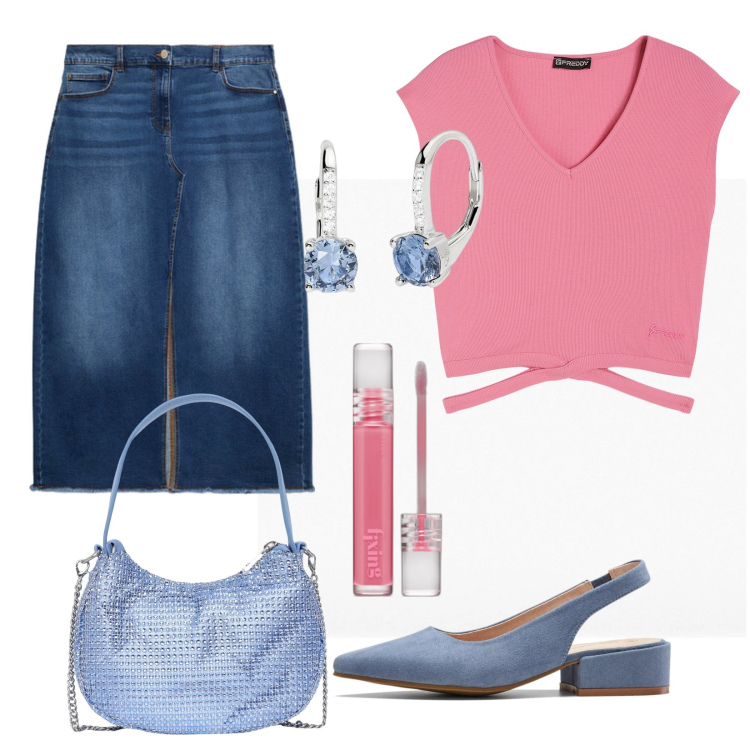 Outfit donna - Total look #2071439. Stile Trendy per Tutti i giorni. Abbinamento con décolleté, rossetti, borse a spalla, orecchini, t-shirt, gonne lunghe.