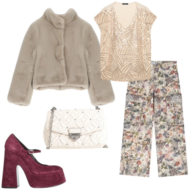 Outfit donna - Zeppa color vinaccia. Stile Casual chic per Serata fuori. Abbinamento con décolleté, borse a tracolla, pantaloni cargo, blazer, t-shirt.