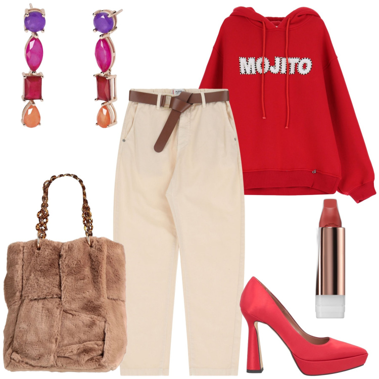 Outfit donna - Aperitivo in felpa. Stile Glamour per Serata fuori. Abbinamento con décolleté, borse a mano, rossetti, orecchini, pantaloni chino, felpe con cappuccio.