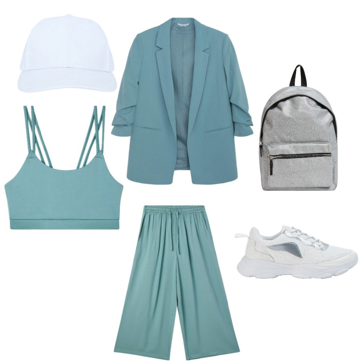 Outfit donna - Spring Terranova. Stile Urban per Tutti i giorni. Abbinamento con canottiere, pantaloni a palazzo, sneakers, zaini, blazer, cappelli con visiera.