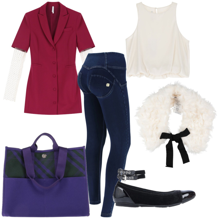 Outfit donna - Mix look. Stile Trendy per Tutti i giorni. Abbinamento con borse a mano, ballerine, sciarpe, vestiti corti, top, jeggings.
