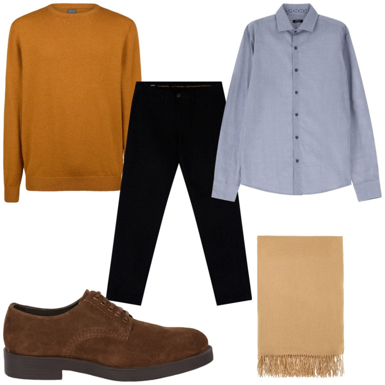 Outfit uomo - Total look #2071447. Stile Casual per Tutti i giorni. Abbinamento con camicie, sciarpe, pantaloni chino, maglieria, scarpe stringate.