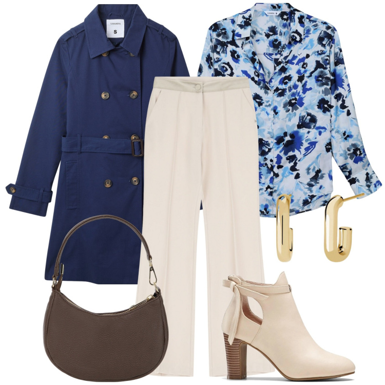 Outfit donna - Fiori blu. Stile Bon Ton per Tutti i giorni. Abbinamento con stivaletti, camicie, trench, orecchini, pantaloni, borse a spalla.