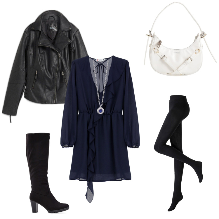 Outfit donna - Sabato sera. Stile Basic per Serata fuori. Abbinamento con blazer, collant, stivali, borse a mano, collane, vestiti corti.