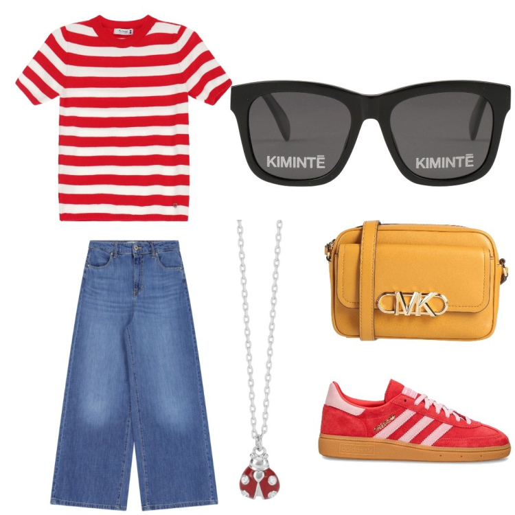 Outfit donna - Righe romantiche. Stile Romantica per Tutti i giorni. Abbinamento con borse a tracolla, occhiali da sole, pantaloni a palazzo, collane, maglieria, sneakers.