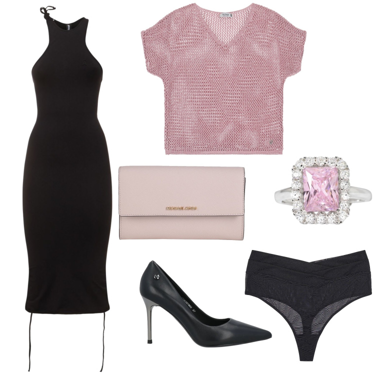 Outfit donna - Total look. Stile Sexy per Serata fuori. Abbinamento con borse a mano, décolleté, perizomi, maglieria, anelli, vestiti midi/longuette.