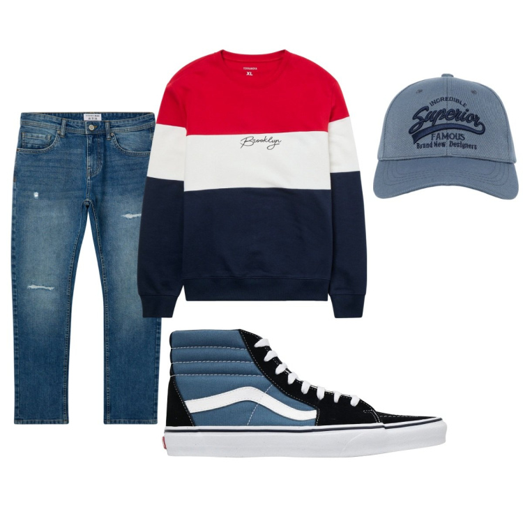 Outfit uomo - Total look #2071461. Stile Casual per Tutti i giorni. Abbinamento con sneakers, cappelli con visiera, felpe, jeans strappati.