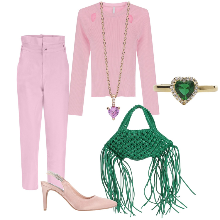 Outfit donna - Cuore lilla e cuore verde. Stile Bon Ton per Serata fuori. Abbinamento con borse a mano, décolleté, ciondoli, anelli, jeans, maglieria.