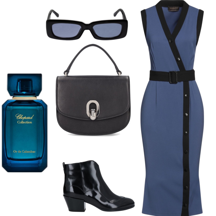 Outfit donna - Blue night. Stile Chic per Serata fuori. Abbinamento con vestiti midi/longuette, stivaletti, profumi, occhiali da sole, borse a mano.