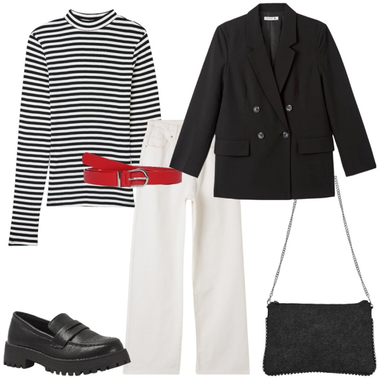 Outfit donna - La maglia a righe. Stile Casual per Tutti i giorni. Abbinamento con cinture, pantaloni, t-shirt, blazer, borse a tracolla, mocassini.