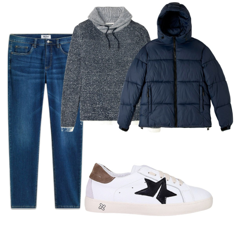 Outfit uomo - Total look #2071477. Stile Casual per Tutti i giorni. Abbinamento con jeans, maglieria, piumini, sneakers.