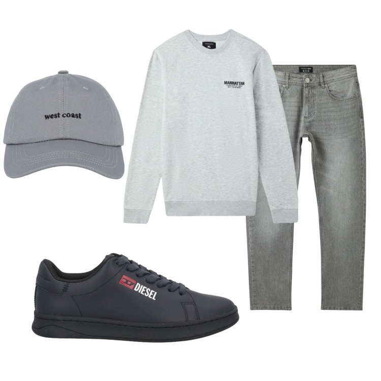 Outfit uomo - Total look #2071479. Stile Casual per Tutti i giorni. Abbinamento con sneakers, felpe, cappelli con visiera, jeans.