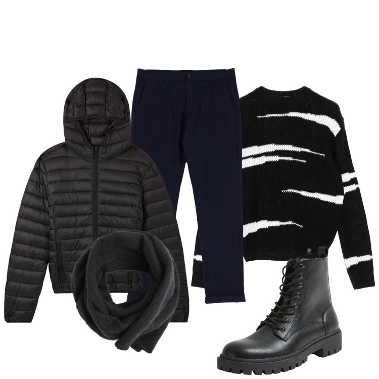 Outfit uomo - Total black. Stile Urban per Tutti i giorni. Abbinamento con sciarpe e foulard, anfibi, giacche, pantaloni, maglieria.