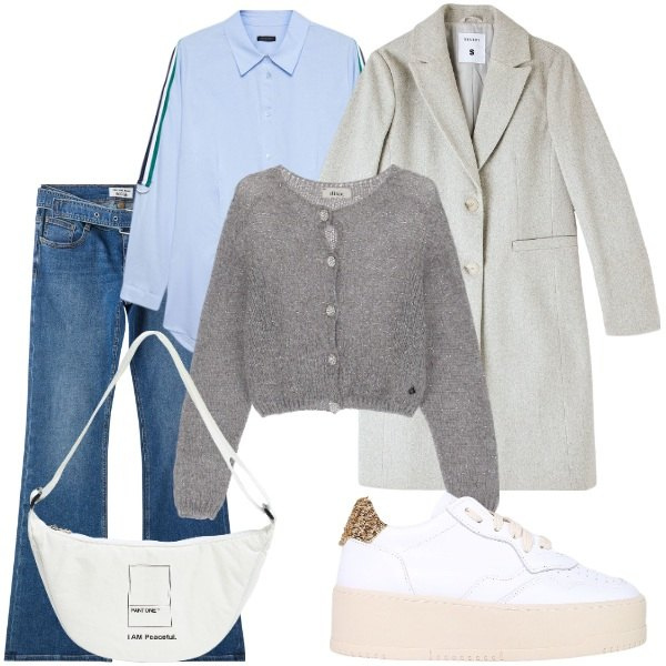 Outfit donna - A spasso per la città. Stile Casual chic per Tutti i giorni. Abbinamento con jeans a zampa, marsupi, cappotti, sneakers, cardigans, camicie.