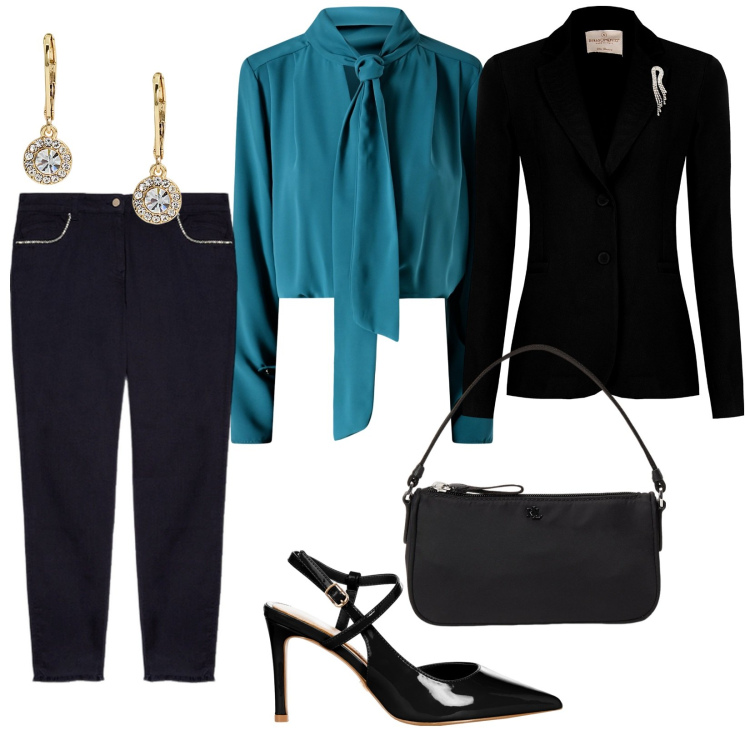 Outfit donna - Cerimonia dopo le 18/00. per Cerimonia. Abbinamento con bluse, blazer, décolleté, pochette, orecchini, jeans skinny.