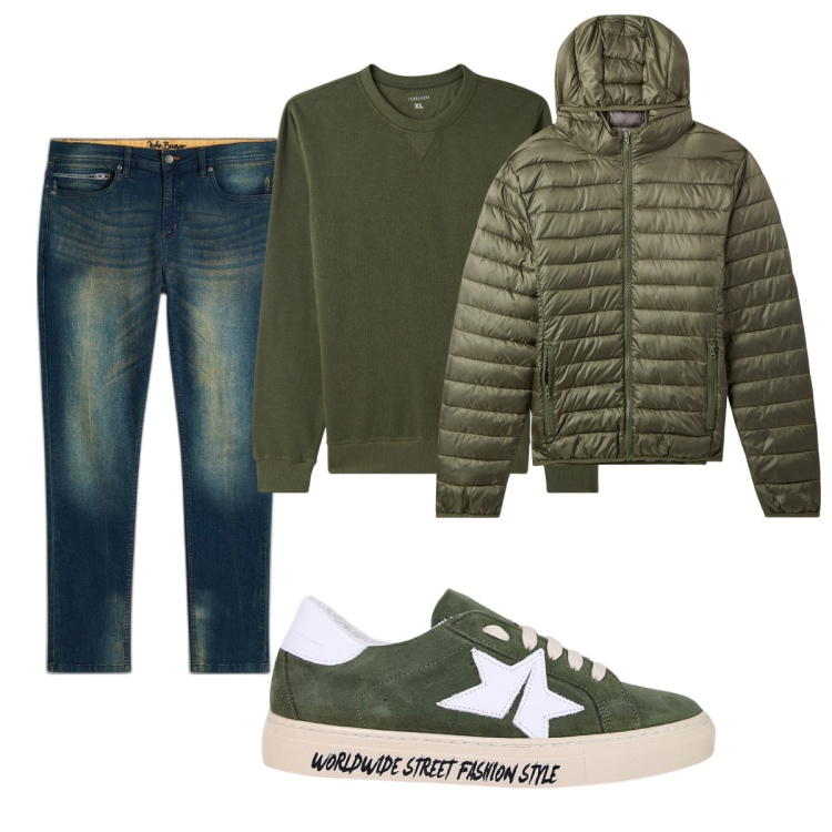 Outfit uomo - Total look #2071488. Stile Casual per Tutti i giorni. Abbinamento con jeans slim fit, piumini, felpe, sneakers.