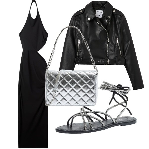 Outfit donna - in lungo ma comoda. Stile Casual chic per Serata fuori. Abbinamento con sandali alla schiava, vestiti lunghi, giacche, borse a tracolla.