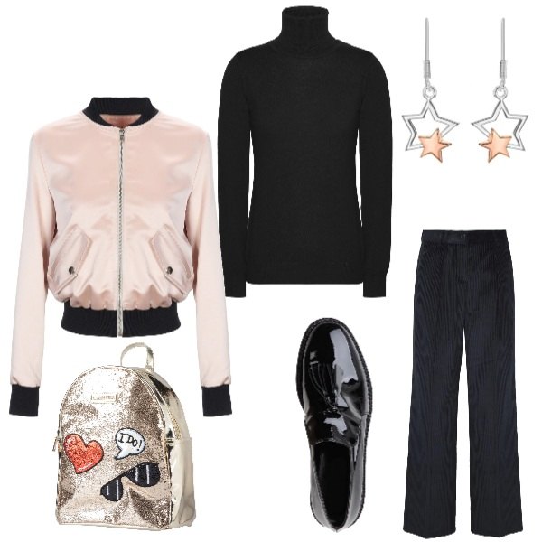 Outfit donna - Una visita al museo. Stile Basic per Tutti i giorni. Abbinamento con bomber in raso, borsa, mocassini effetto vernice con punta tonda in pelle con nappine, pantalone made italy a coste vita alta in velluto, maglia collo a dolcevita in lana, orecchini pendenti in sterling 925 ipoallergenico argento e bianco.