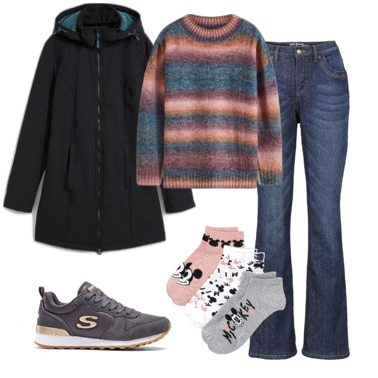 Outfit donna - H&RSM. Stile Casual per Tutti i giorni. Abbinamento con blazer, maglieria, sneakers, jeans bootcut, calzini.