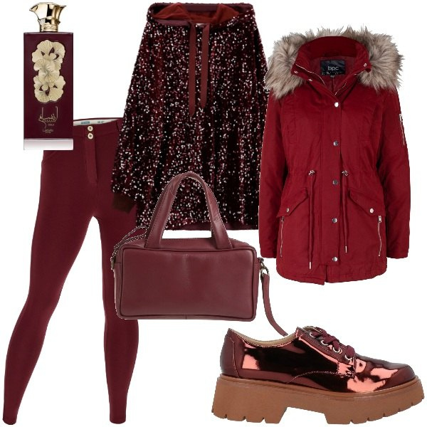 Outfit donna - Serata fuori. Stile Trendy per Serata fuori. Abbinamento con parka, scarpe stringate, borse a mano, profumi, pantaloni skinny, felpe con cappuccio.