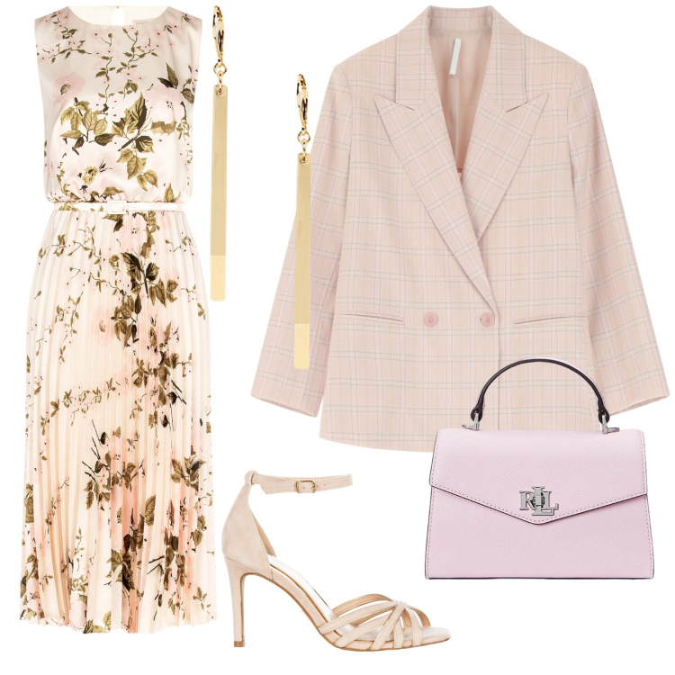 Outfit donna - Cerimonia in primavera. per Cerimonia. Abbinamento con vestiti midi/longuette, sandali col tacco, blazer, borse a mano, orecchini.