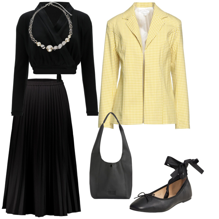 Outfit donna - La giacca gialla. per Serata fuori. Abbinamento con blazer, ballerine, top, borse a spalla, gonne lunghe, collane.