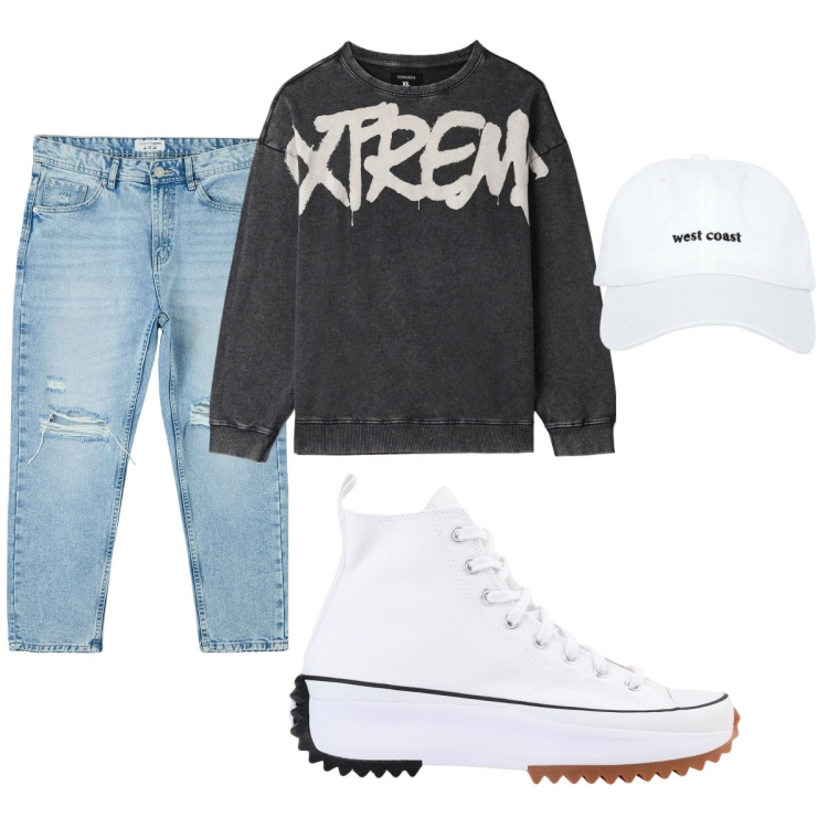 Outfit uomo - Total look #2071503. Stile Urban per Tutti i giorni. Abbinamento con sneakers, jeans strappati, cappelli, felpe.
