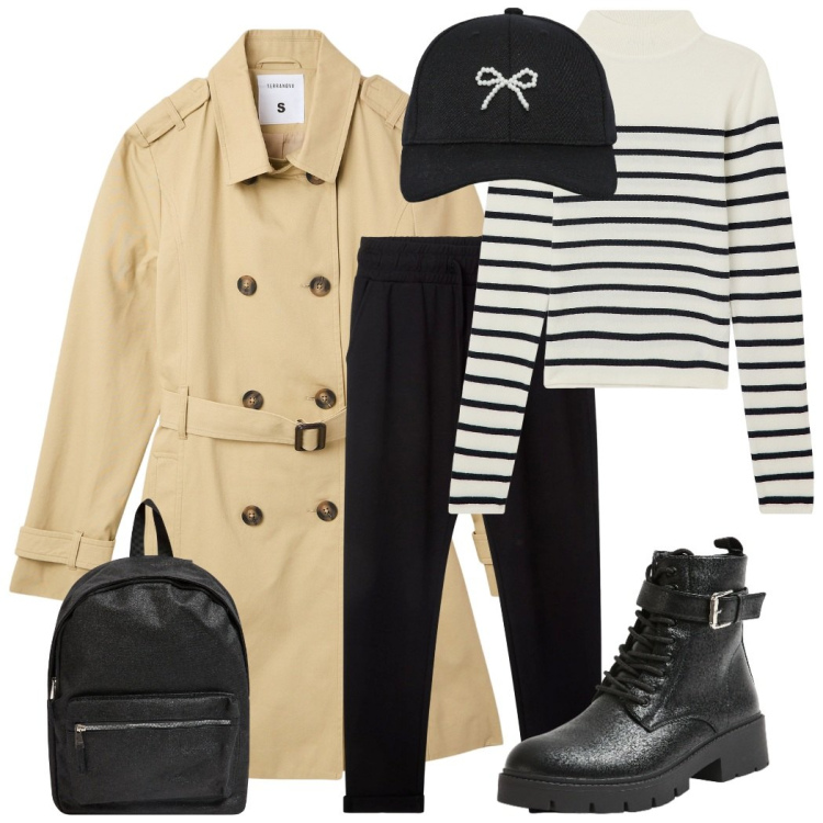 Outfit donna - Trench. Stile Casual per Tutti i giorni. Abbinamento con trench, pantaloni, cappelli con visiera, maglieria, anfibi, zaini.