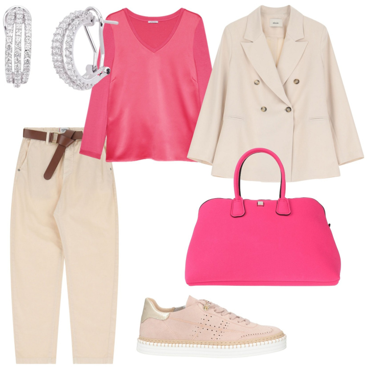 Outfit donna - A scuola. per Scuola/Università. Abbinamento con sneakers, borse a secchiello, orecchini, pantaloni chino, blazer, t-shirt.