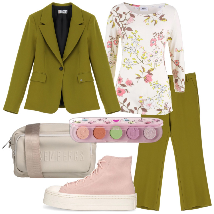 Outfit donna - Spensierata a primavera. Stile Trendy per Tutti i giorni. Abbinamento con maglieria, borse a tracolla, ombretti, blazer, pantaloni, sneakers.