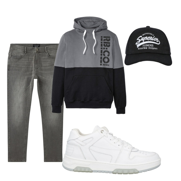 Outfit uomo - Total look #2071518. Stile Casual per Tutti i giorni. Abbinamento con felpe con cappuccio, sneakers, cappelli con visiera, jeans skinny.