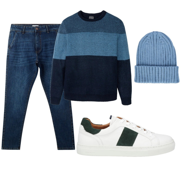 Outfit uomo - Total look #2071519. Stile Casual per Tutti i giorni. Abbinamento con maglieria, sneakers, jeans skinny, berretti.