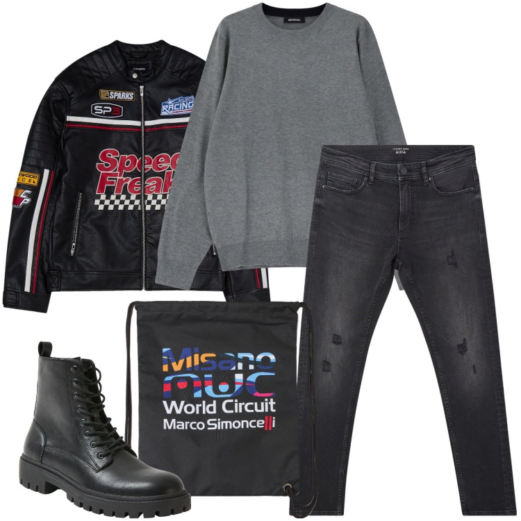 Outfit uomo - Come sulla moto. Stile Biker Rock per Tutti i giorni. Abbinamento con borse sportive, jeans strappati, giacche, anfibi, maglieria.