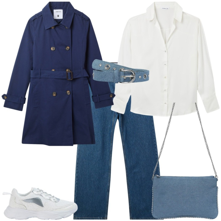 Outfit donna - La semplicità in un look. Stile Casual per Tutti i giorni. Abbinamento con borse a tracolla, cinture, trench, camicie, jeans, sneakers.