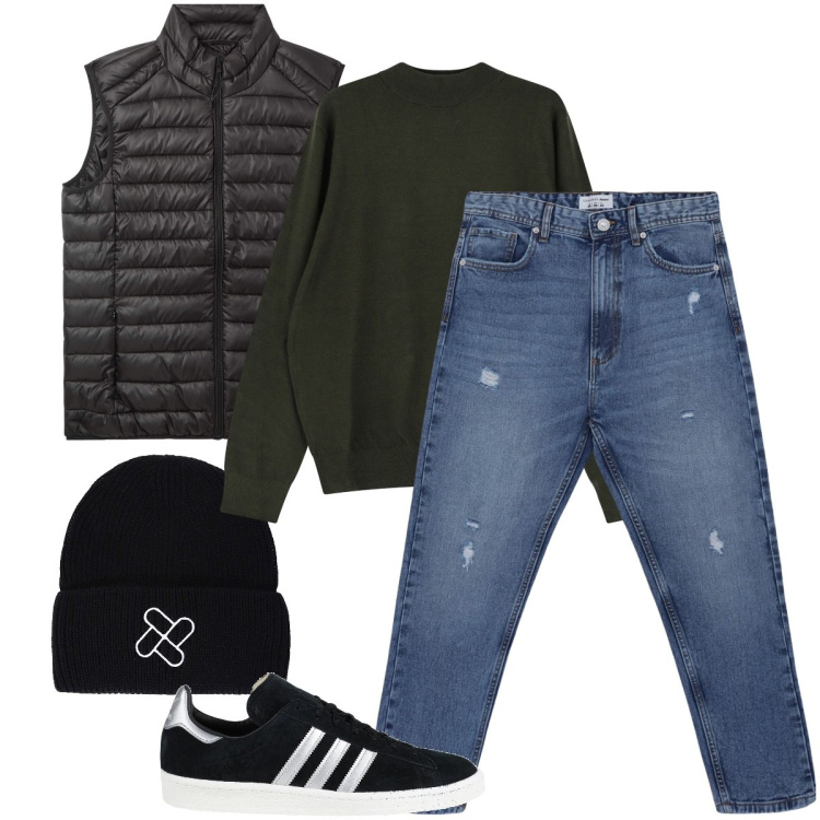 Outfit uomo - Con le Adidas. Stile Urban per Tutti i giorni. Abbinamento con sneakers, piumini, jeans strappati, maglieria, berretti.