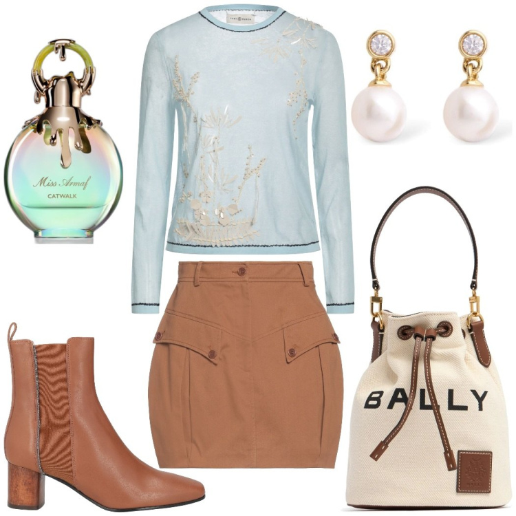 Outfit donna - Total look #2071530. Stile Casual chic per Tutti i giorni. Abbinamento con stivaletti chelsea, minigonne, pullovers, profumi, borse a mano, orecchini.