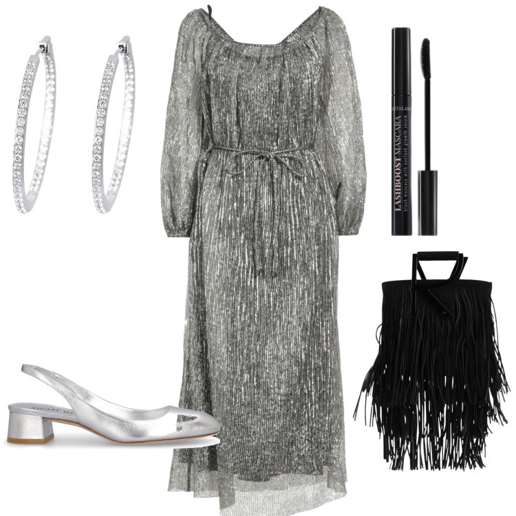 Outfit donna - La borsa originale. Stile Chic per Cerimonia. Abbinamento con borse a mano, vestiti midi/longuette, mascara, orecchini, décolleté.