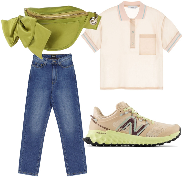 Outfit donna - Easy. Stile Sporty chic per Tutti i giorni. Abbinamento con marsupi, sneakers, polo, jeans dritti.