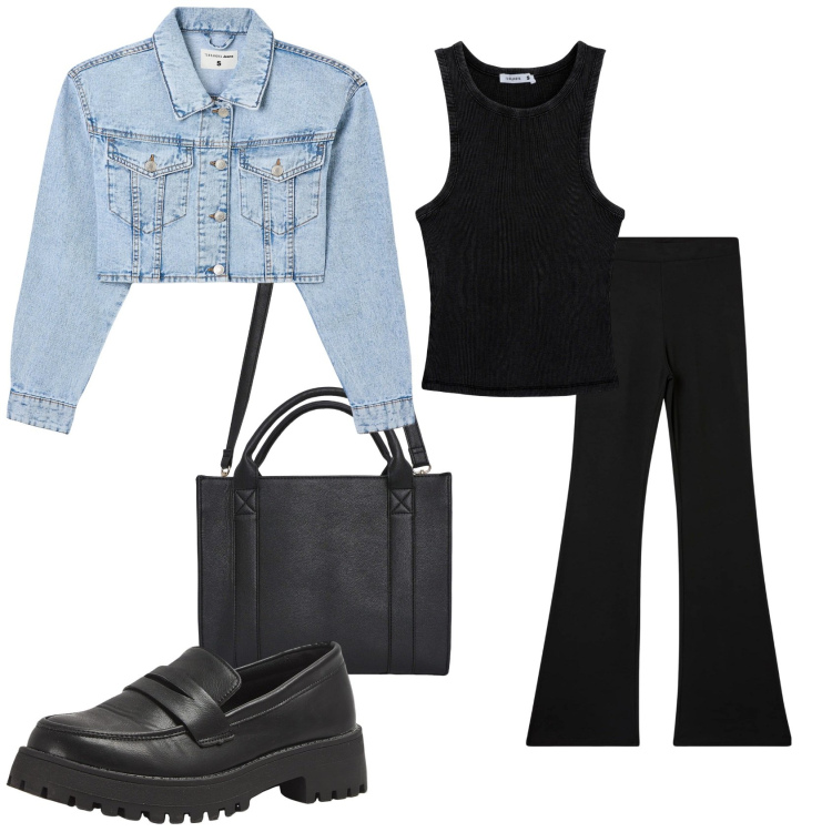 Outfit donna - Total look #2071550. Stile Casual chic per Scuola/Università. Abbinamento con borse tote, leggings, canottiere, mocassini, blazer.
