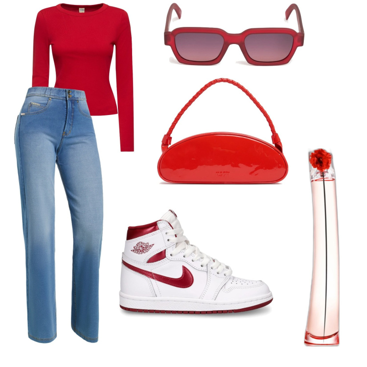 Outfit donna - Rosso fuoco. Stile Urban per Tutti i giorni. Abbinamento con profumi, jeans, t-shirt, sneakers, occhiali da sole, borse a spalla.
